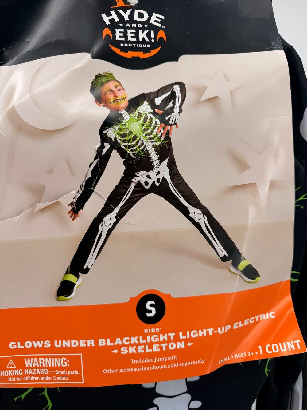 Hyde & Eek Kids Light Up Electric Skeleton Costume Blacklight Glow Size S 6-7